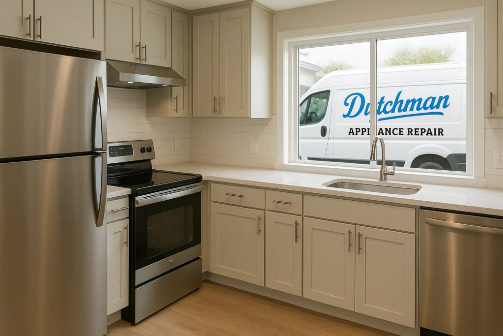 Technician arriving at a customer's home for same-day appliance repair service, showcasing convenience and efficiency