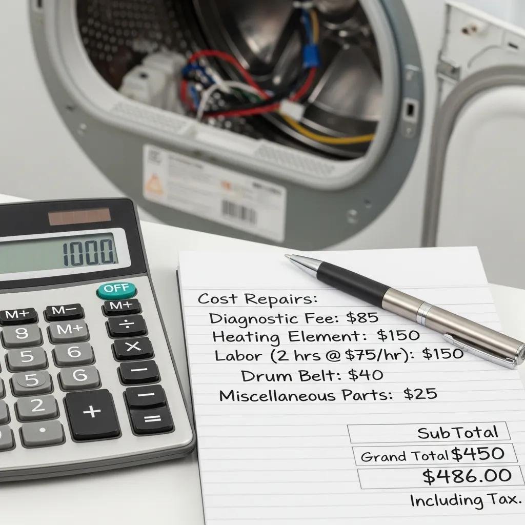 Calculator and notepad with dryer repair cost estimates