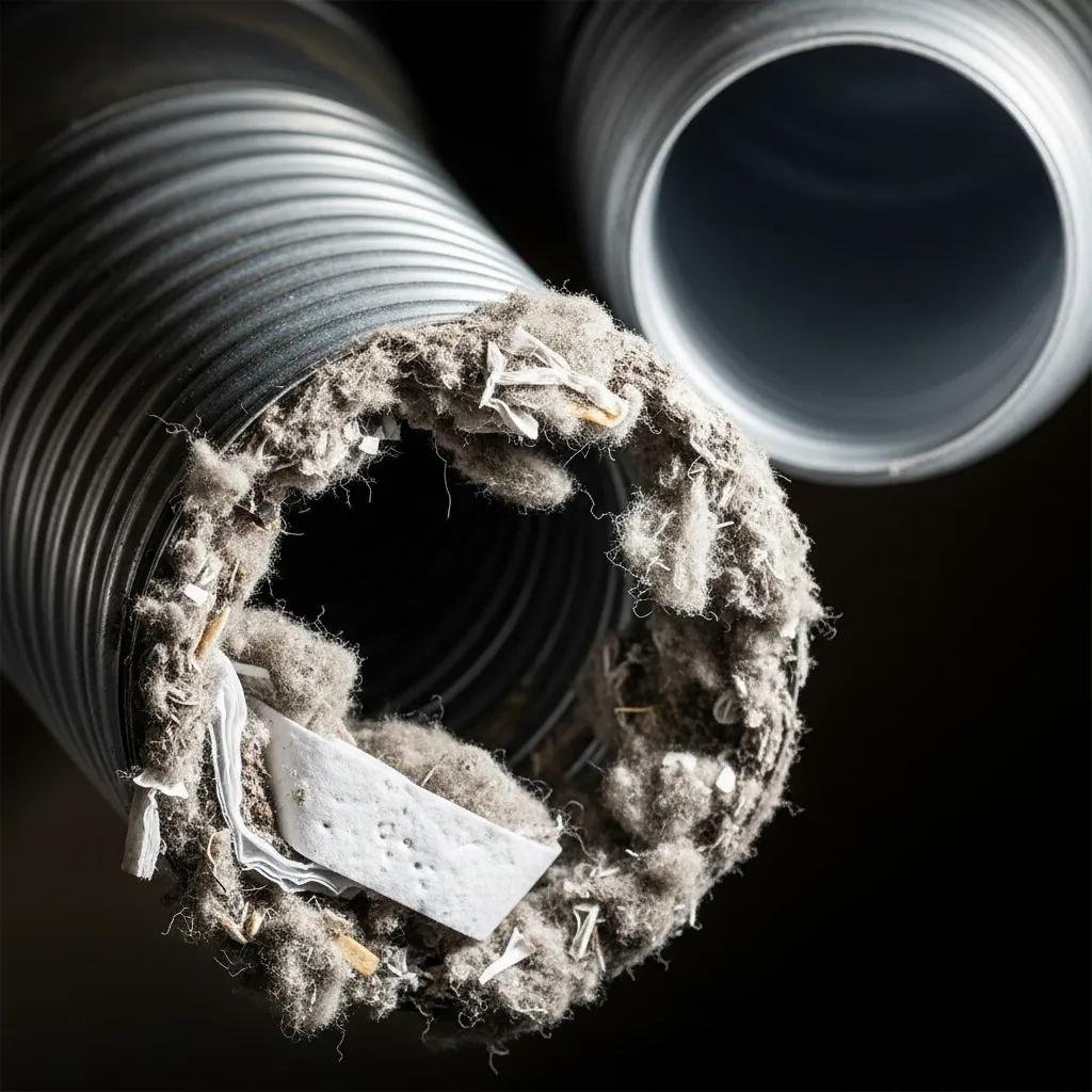 Clogged dryer vent filled with lint, emphasizing fire hazard risks and the need for regular maintenance