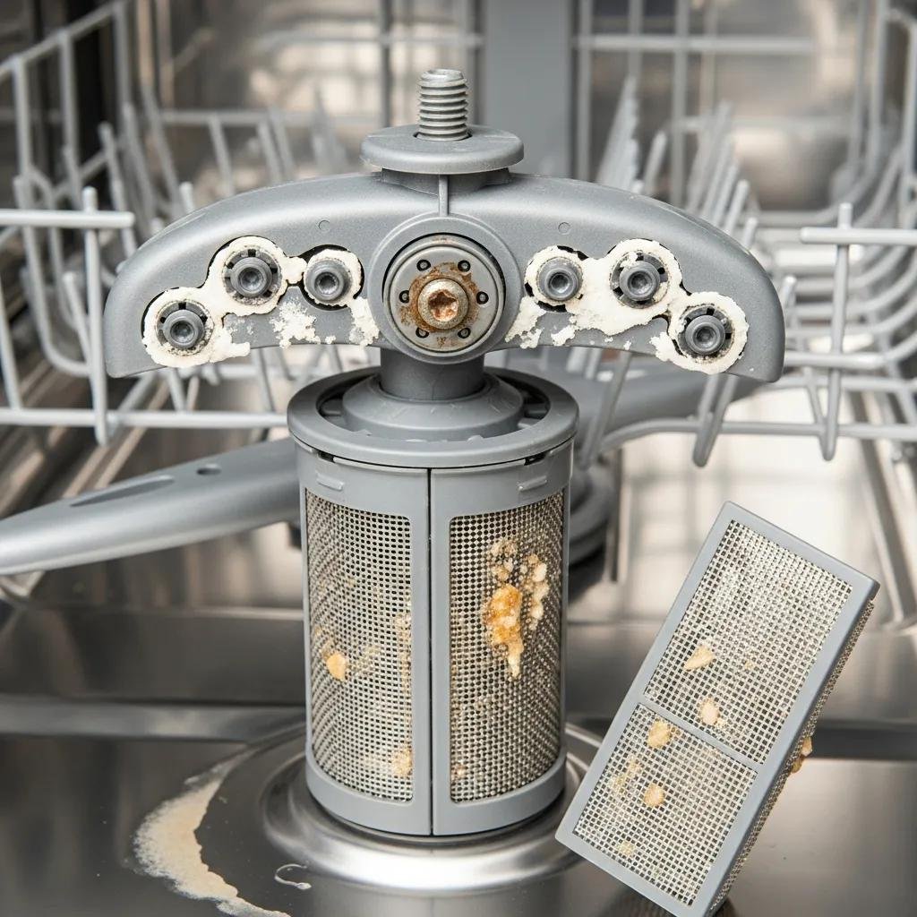 Close-up of a clogged dishwasher spray arm and filter, highlighting common repair issues