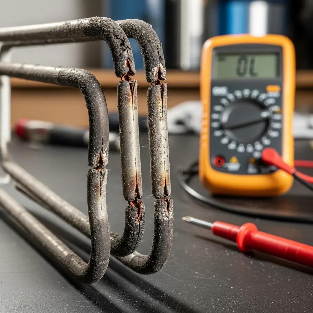 Close-up of a damaged dryer heating element, illustrating repair needs