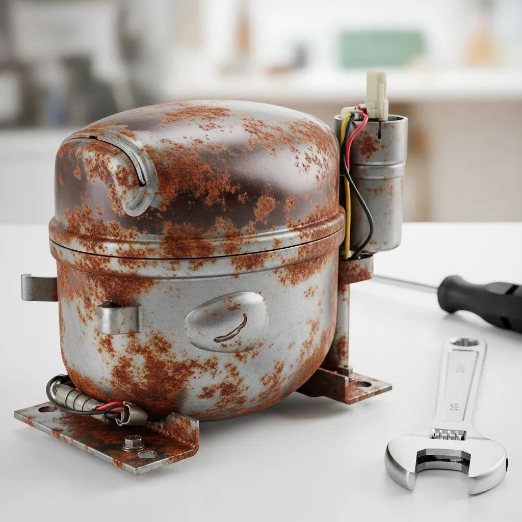 Close-up of a damaged refrigerator compressor with tools nearby