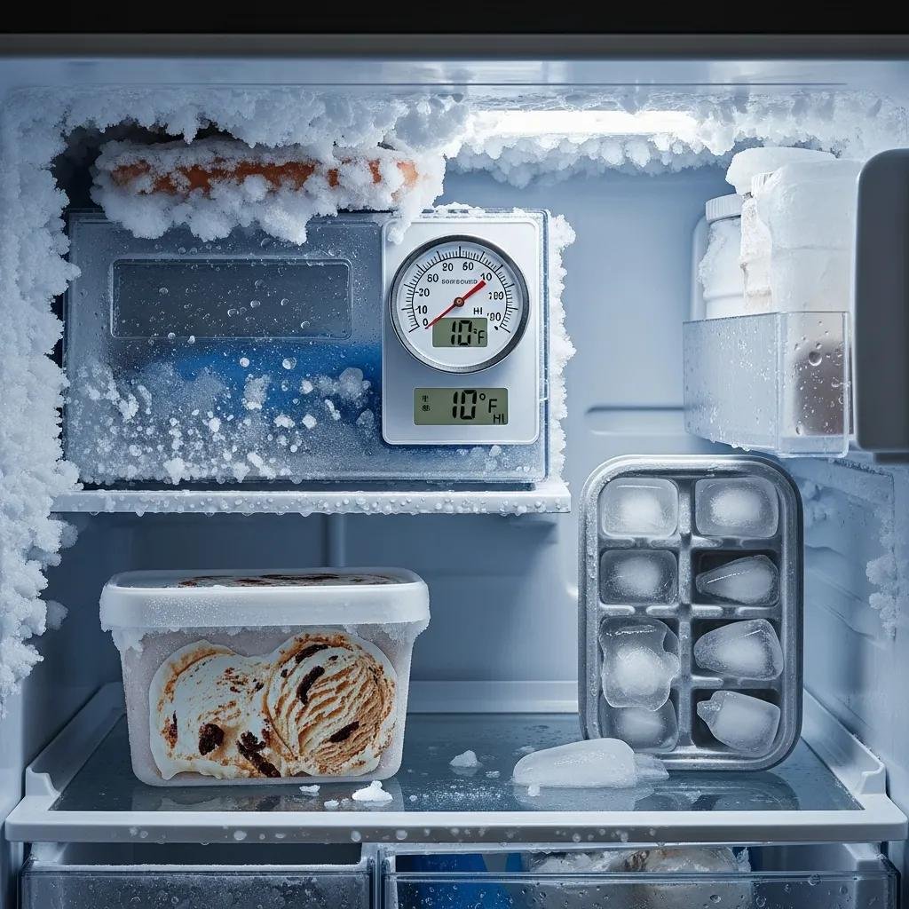 Close-up of a freezer showing frost build-up and a thermometer, illustrating common freezer problems