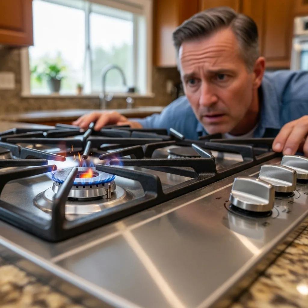 Close-up of a gas stove burner not igniting with a concerned homeowner
