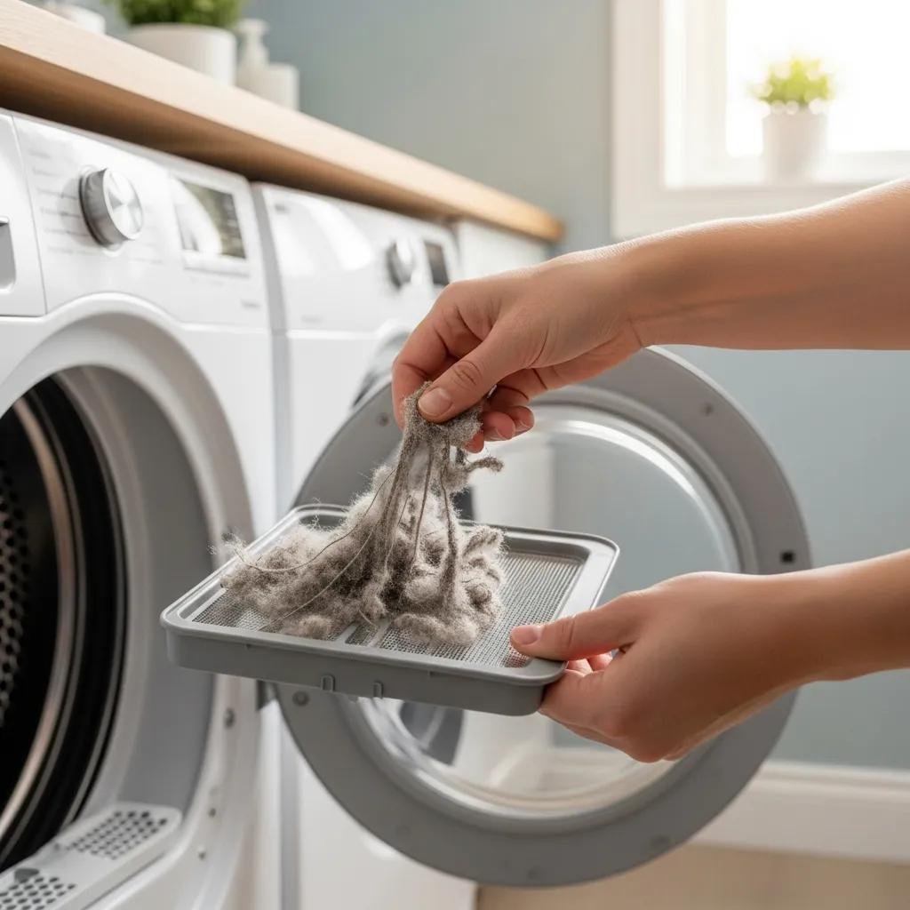 Close-up of a lint trap being cleaned, illustrating the importance of preventing fire hazards through regular dryer vent maintenance