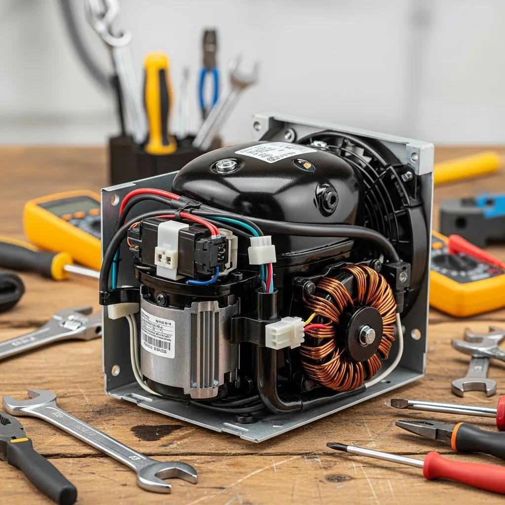 Close-up of a refrigerator compressor unit on a workbench, highlighting its components