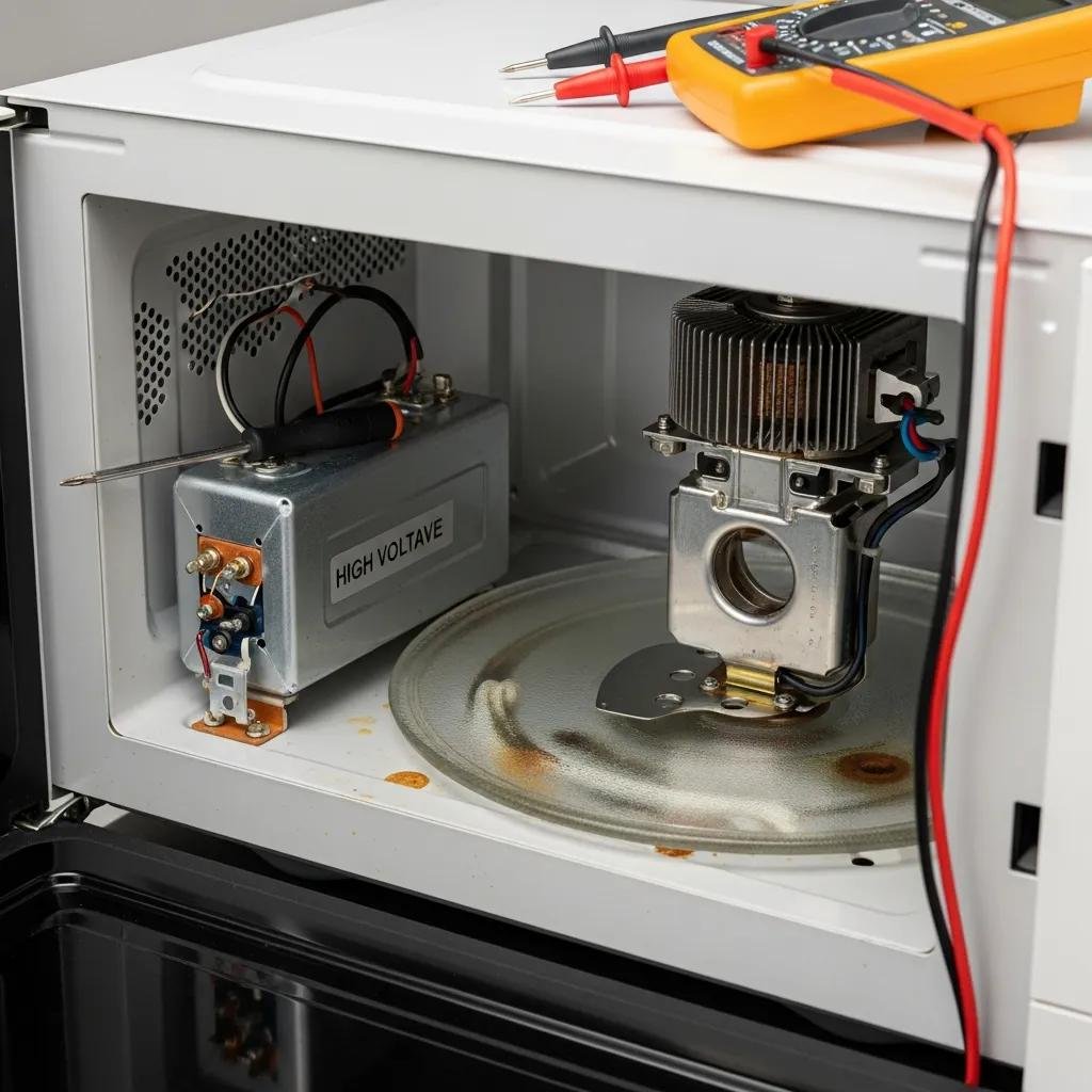 Close-up of microwave components for diagnosing heating issues