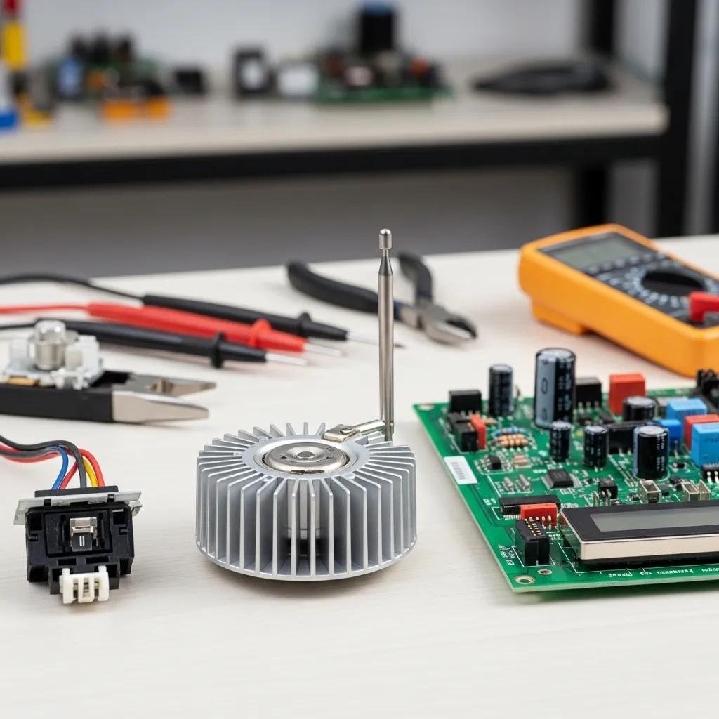 Close-up of microwave parts including magnetron and control board, illustrating the repair process and technical expertise