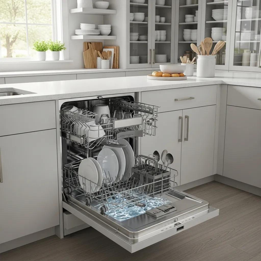 Dishwasher with standing water in a modern kitchen, illustrating drainage issues