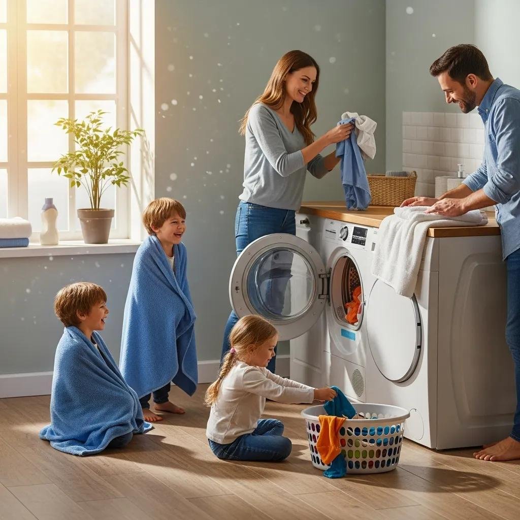 Happy family enjoying energy-efficient laundry with freshly dried clothes, showcasing the benefits of dryer vent cleaning