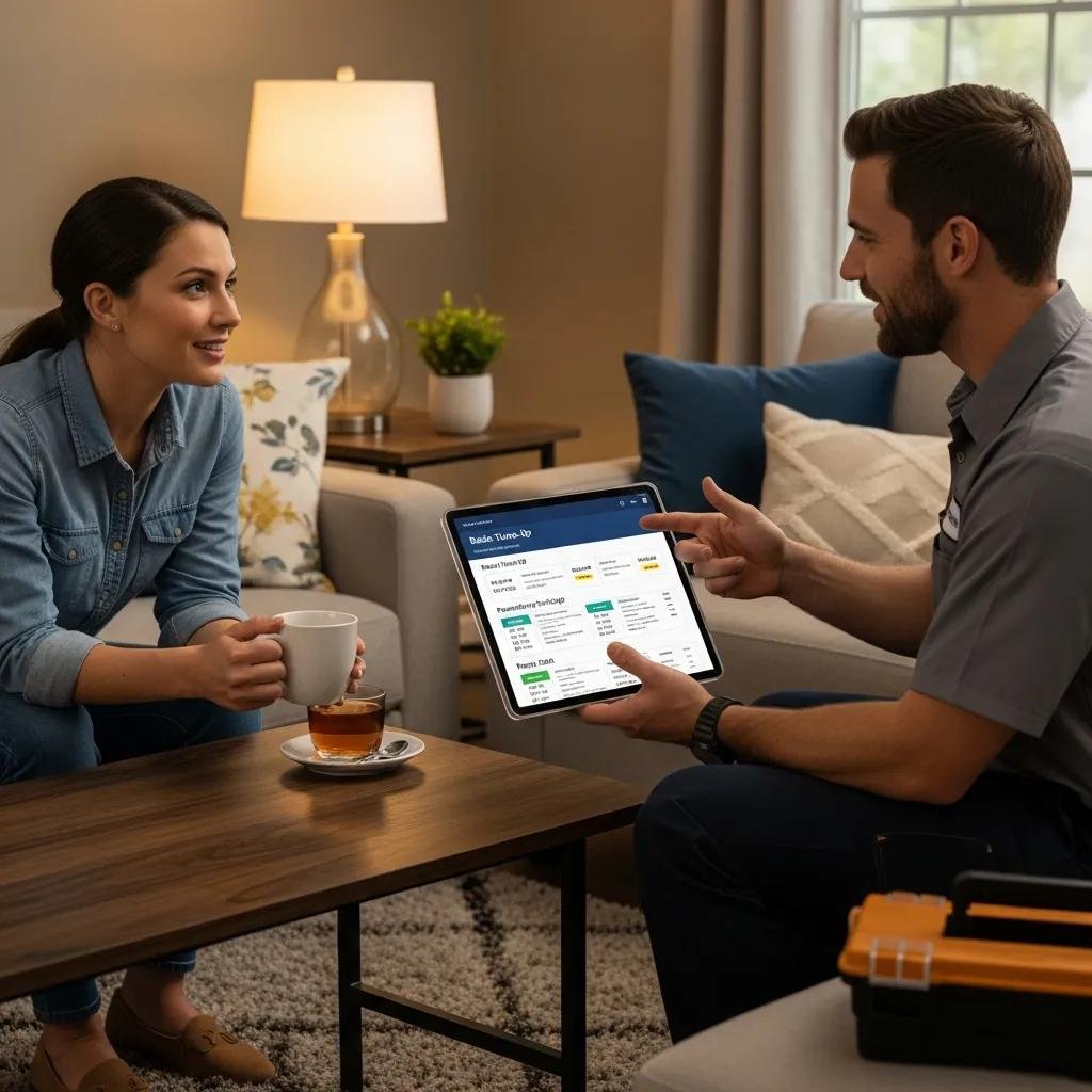 Homeowner consulting with technician about dryer vent cleaning pricing options