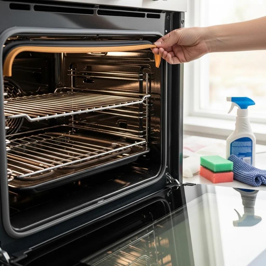 Homeowner inspecting a clean oven interior for maintenance and care