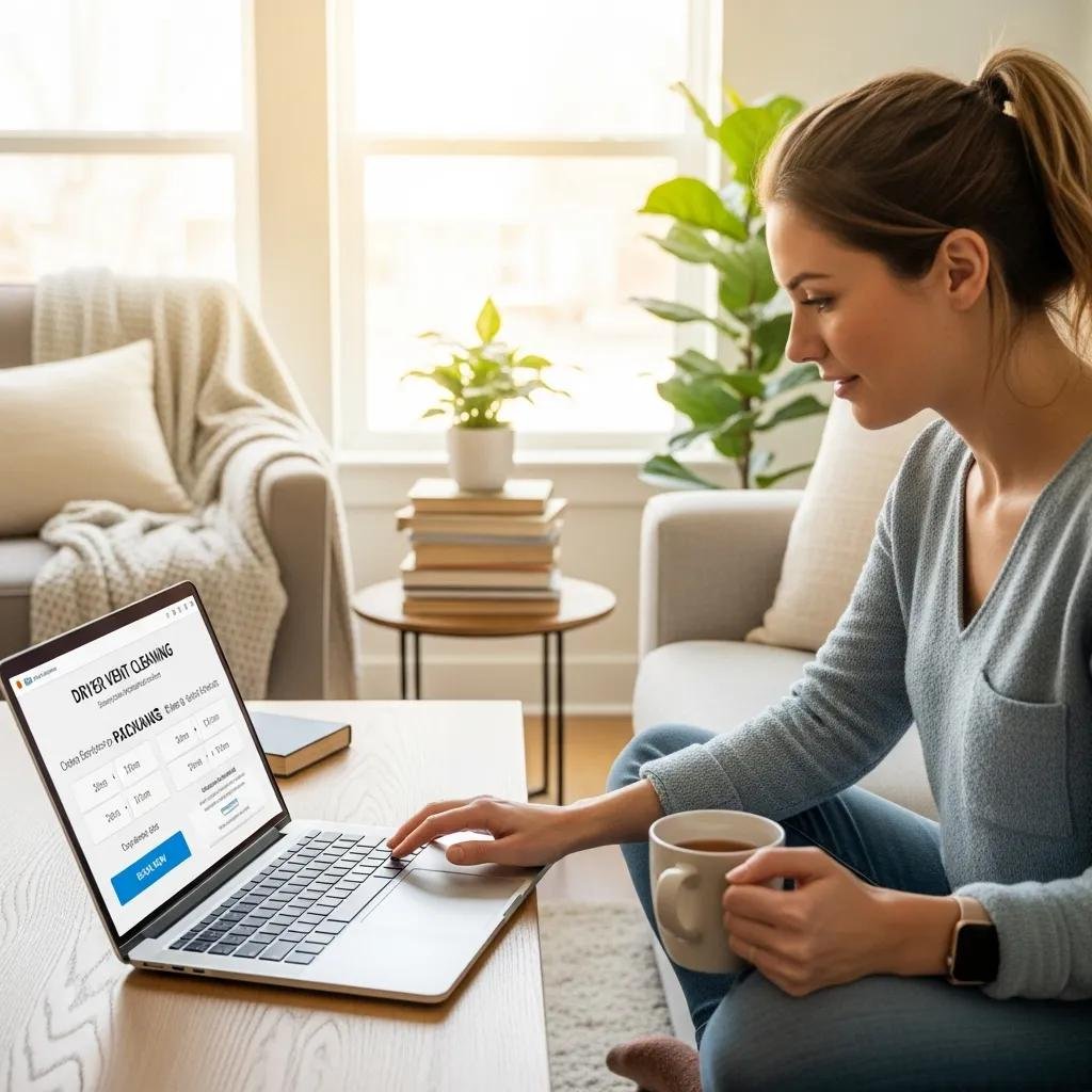 Homeowner scheduling dryer vent cleaning online, highlighting the convenience and advantages of digital services