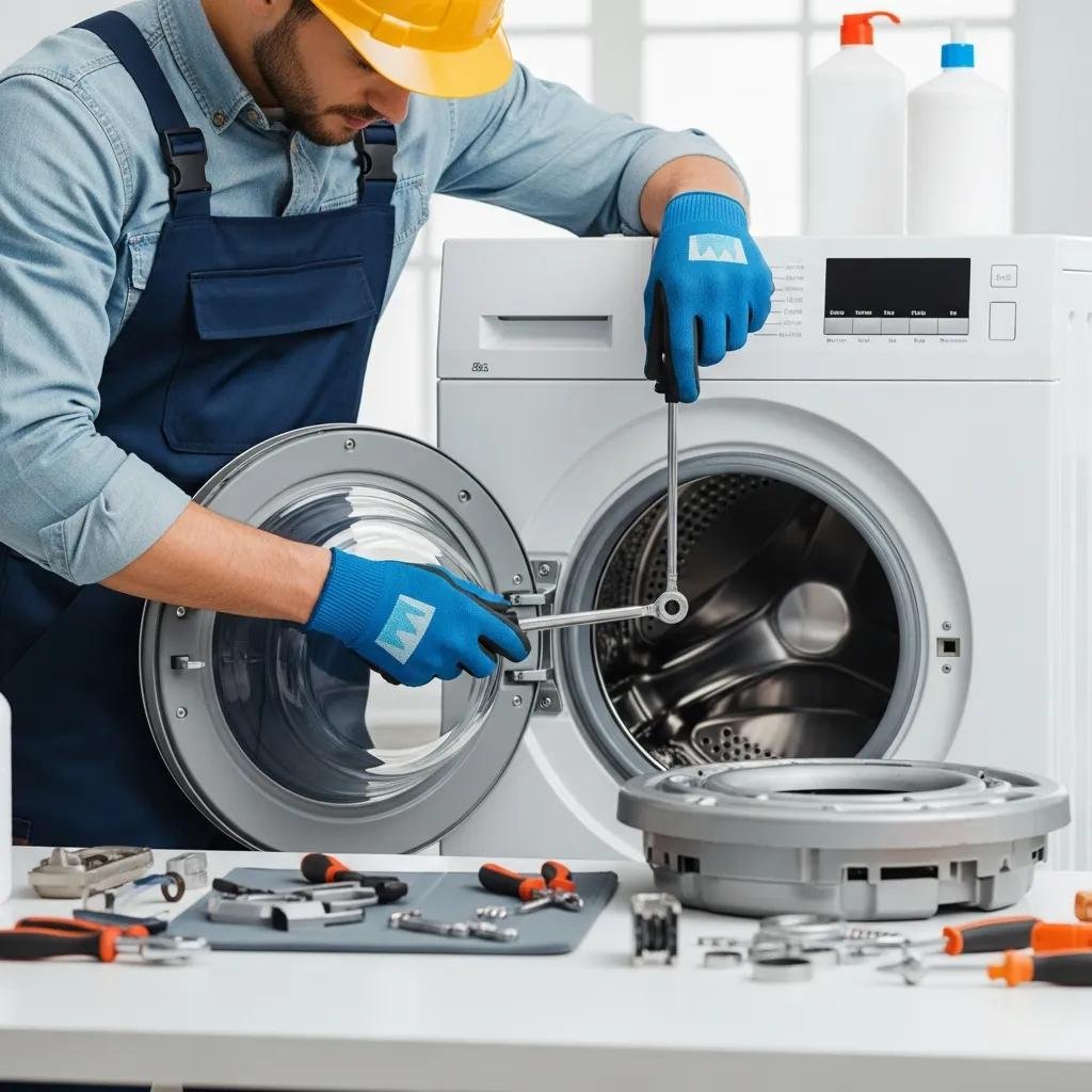 Licensed technician repairing a washing machine, highlighting the importance of professional appliance repair services