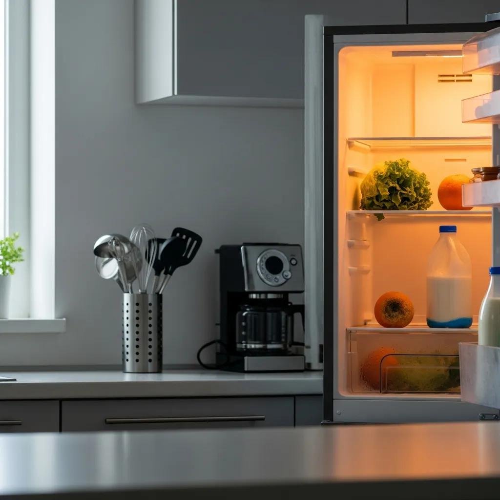 Malfunctioning refrigerator in a modern kitchen with spoiled food visible