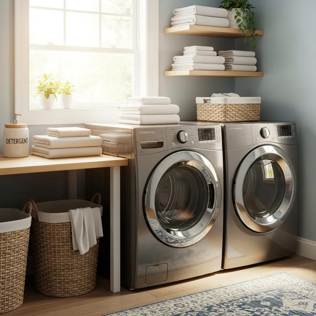 Modern washer and dryer set in a cozy laundry room, emphasizing home appliance repair services