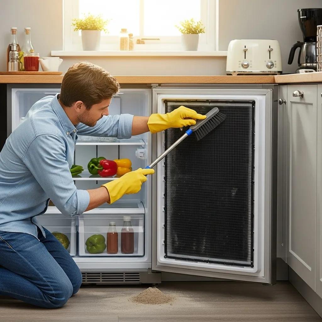 Person cleaning refrigerator condenser coils in a bright kitchen setting