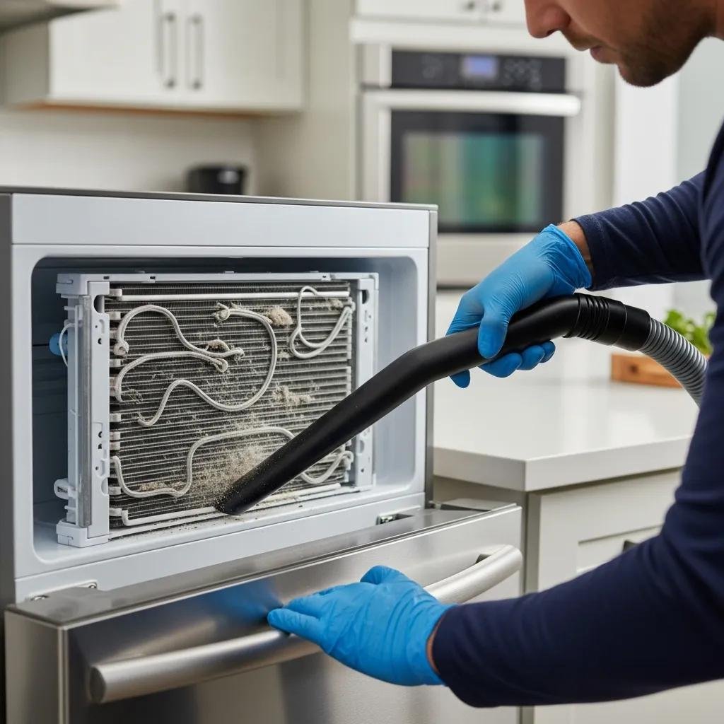 Person cleaning refrigerator condenser coils in a kitchen