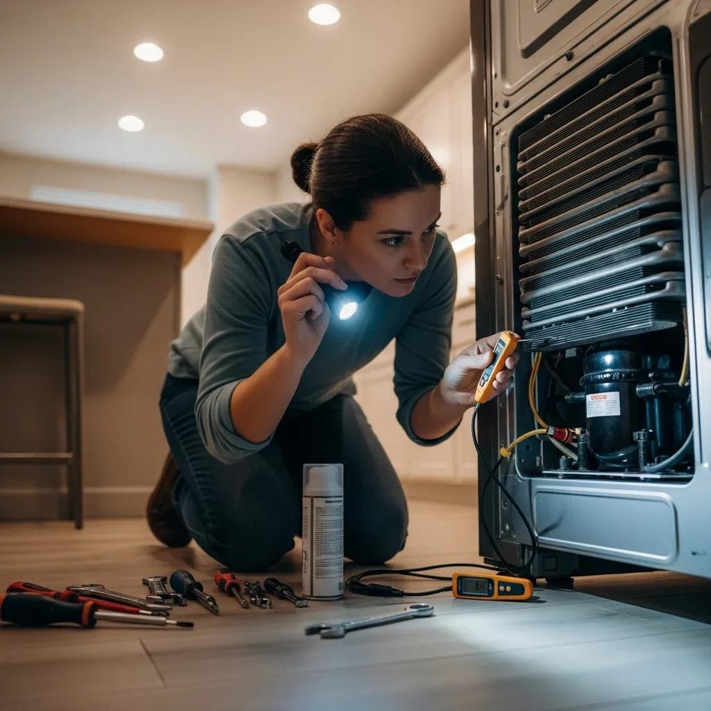 Person inspecting refrigerator compressor for cooling issues