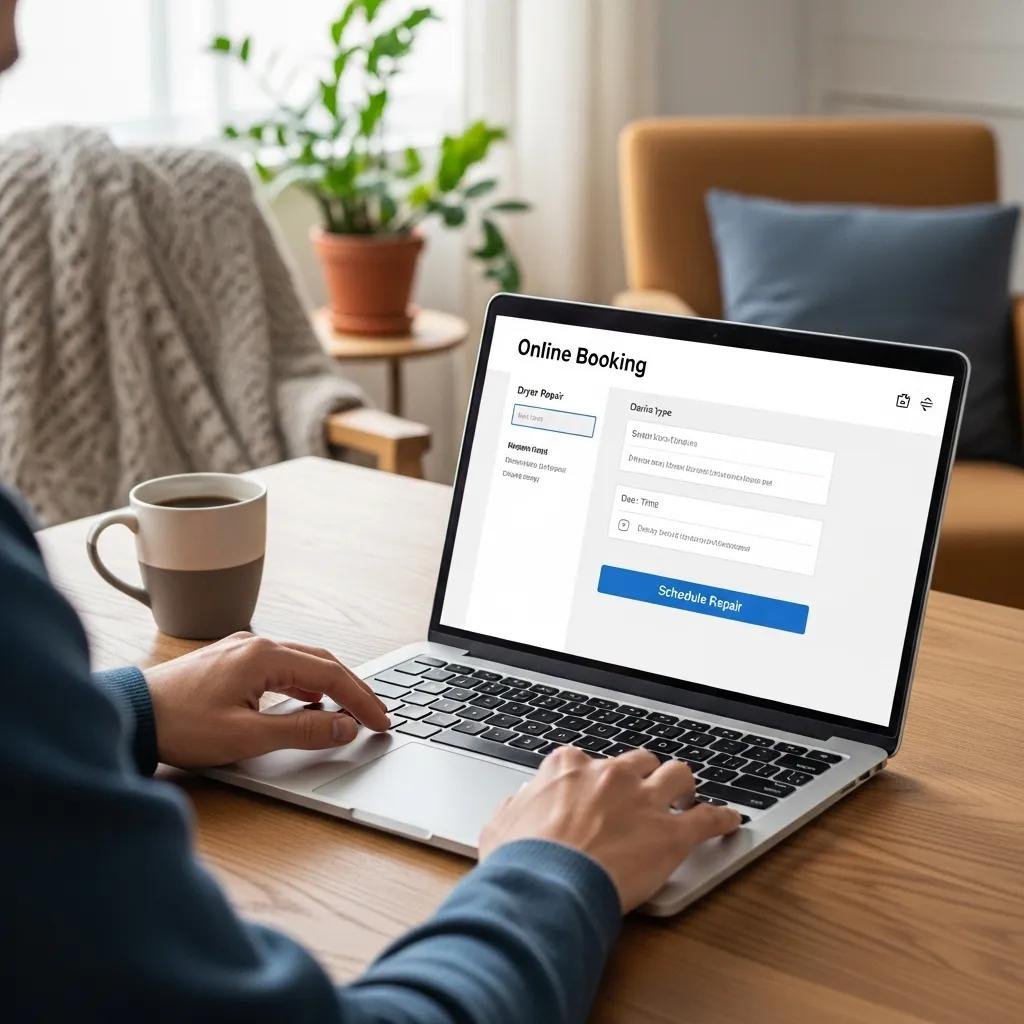 Person scheduling dryer repair service online using a laptop