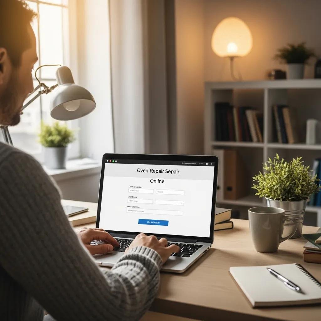 Person scheduling oven repair services online using a laptop