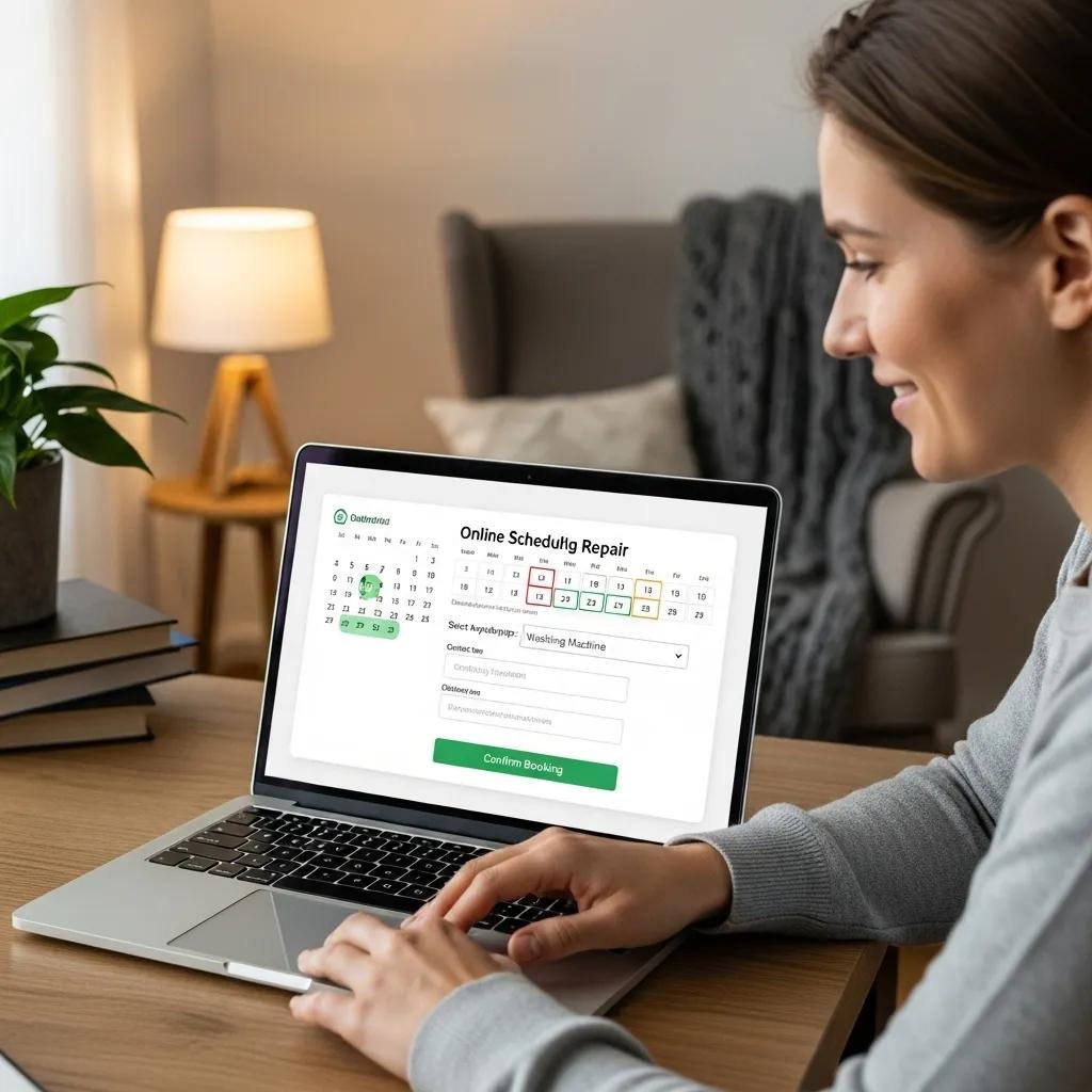 Person scheduling washing machine repair online using a laptop in a cozy home