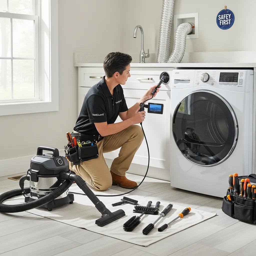 Professional dryer vent cleaning service in a modern laundry room, highlighting safety and efficiency