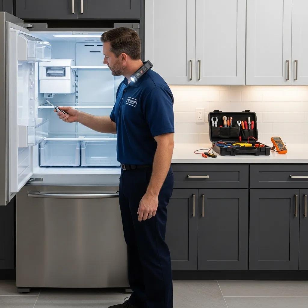 Professional technician inspecting a refrigerator in a modern kitchen
