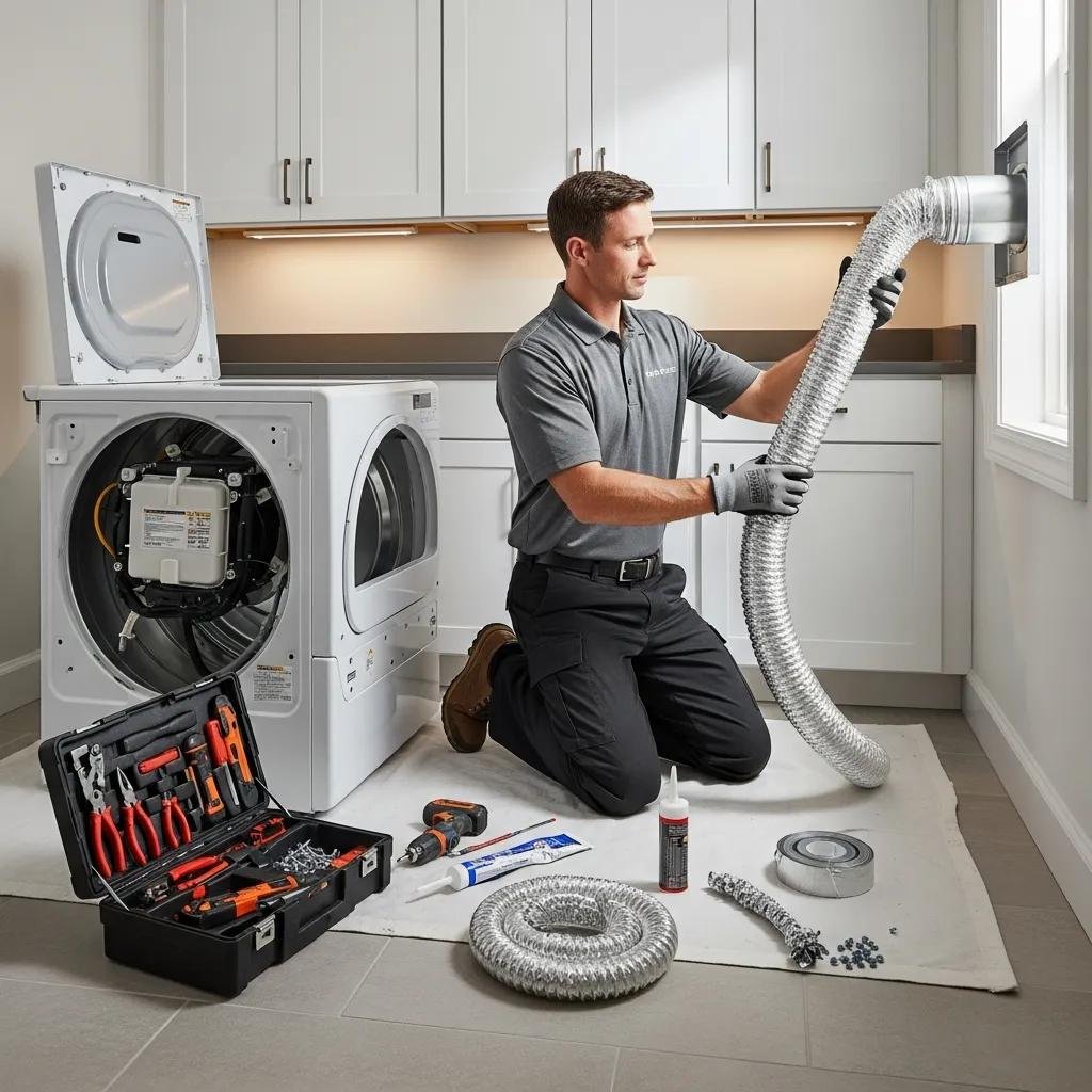 Professional technician installing a dryer vent in a modern laundry room