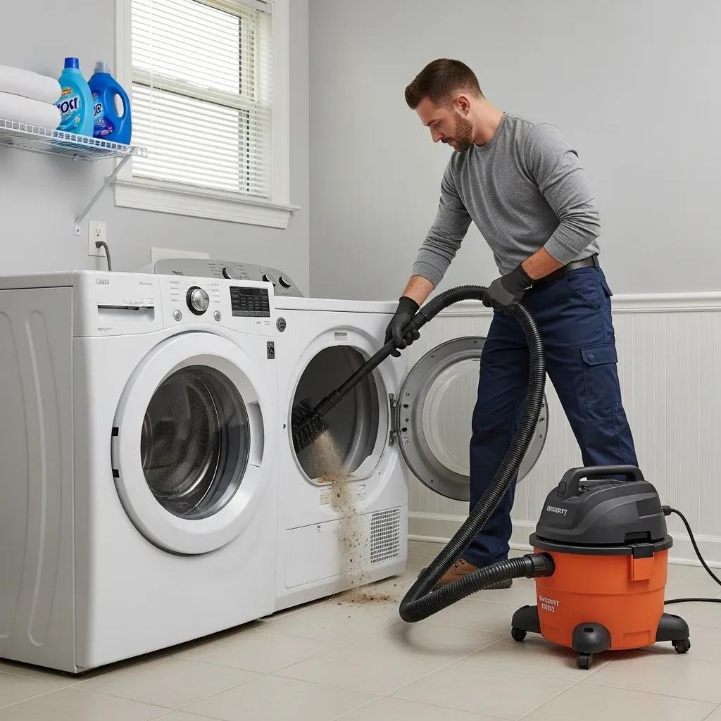 Technician cleaning dryer vent in a residential laundry room, highlighting home maintenance and safety