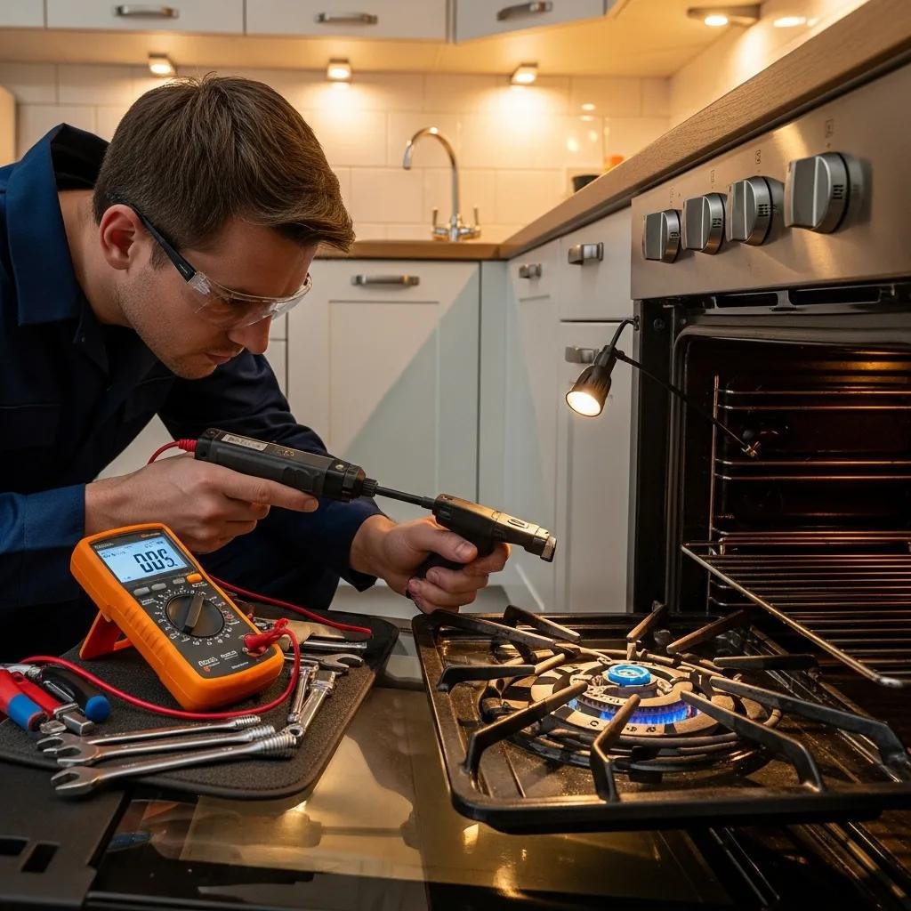 Technician conducting a diagnostic assessment on a gas oven