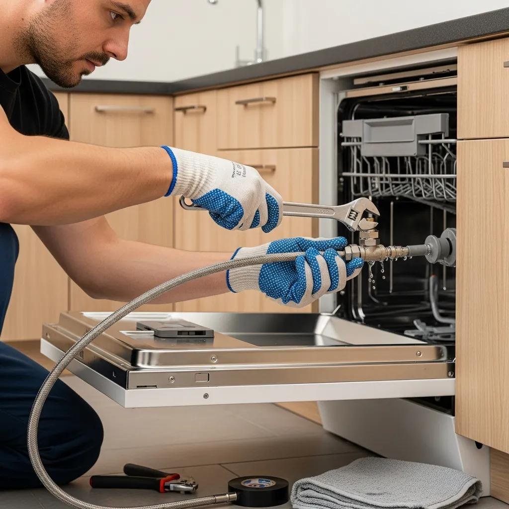 Technician connecting water supply line during dishwasher installation process