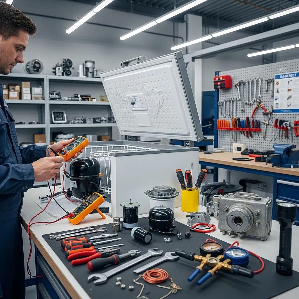 Technician diagnosing a freezer in a workshop, representing the freezer repair process steps