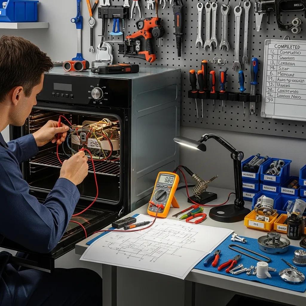 Technician diagnosing an oven malfunction with tools in a professional workspace