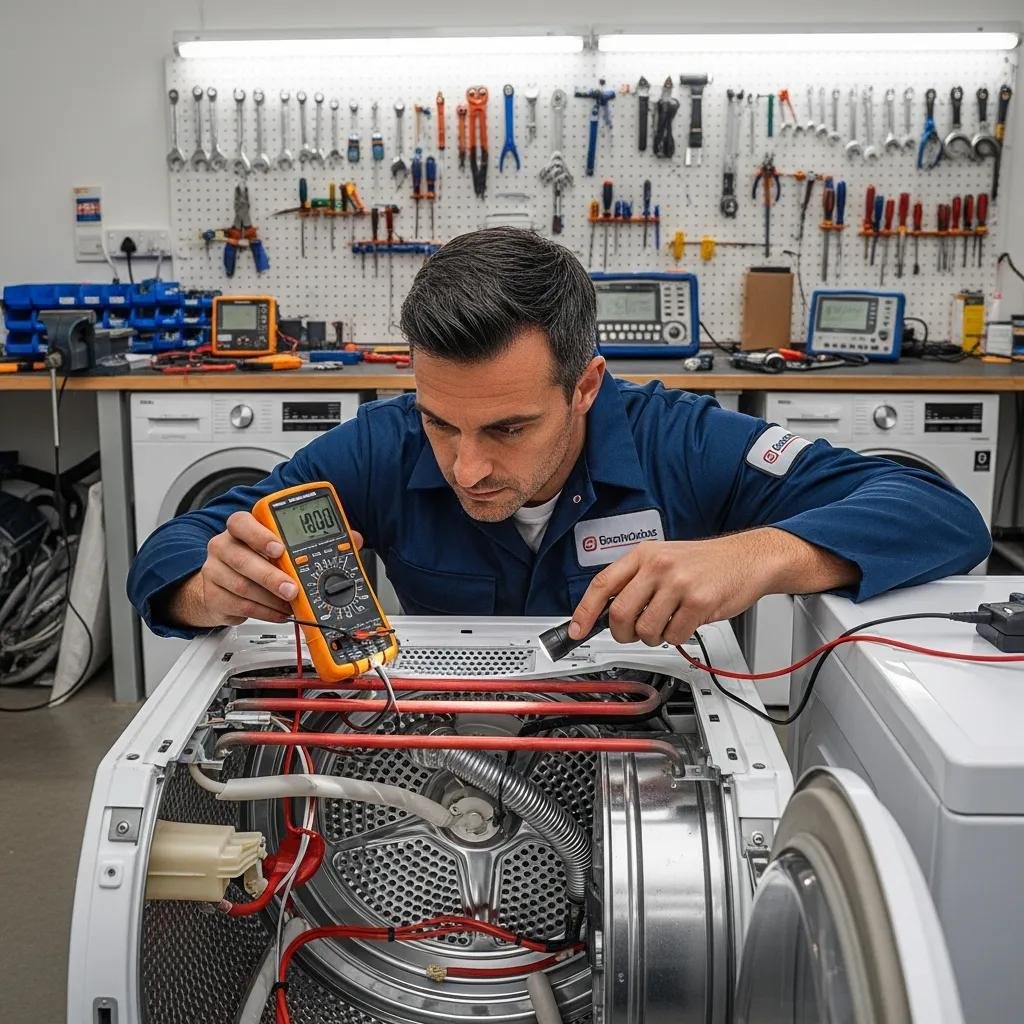 Technician diagnosing dryer heating issues in a professional repair workshop
