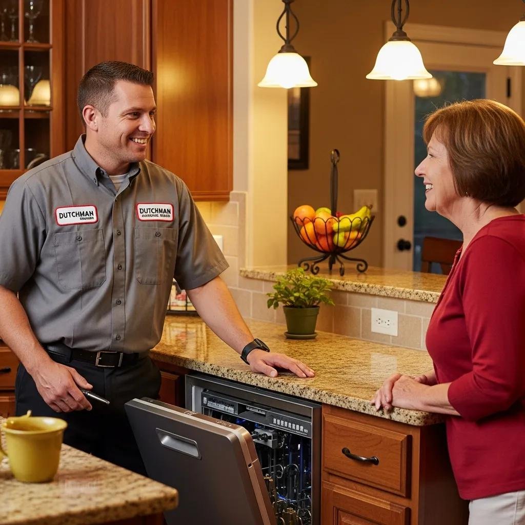 Technician discussing repair options with a homeowner in a kitchen
