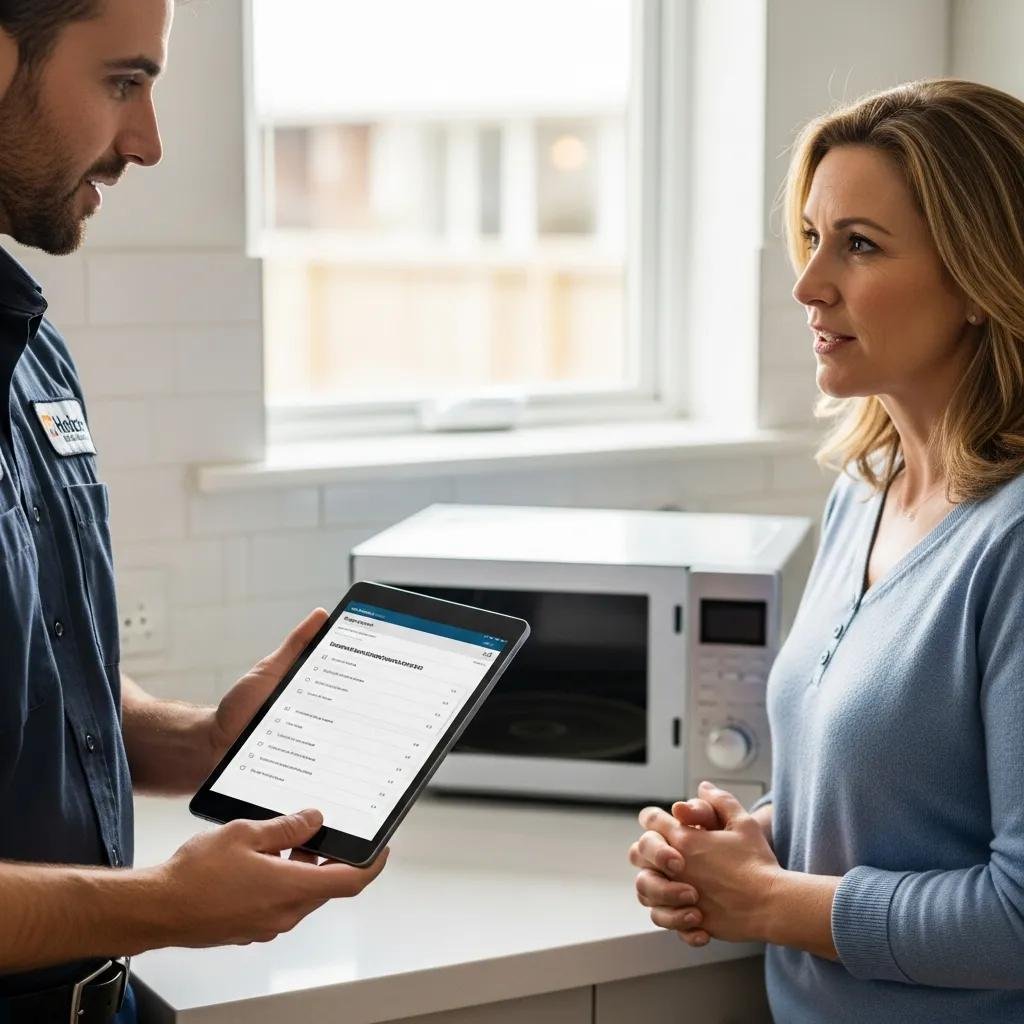 Technician explaining microwave repair costs to a customer