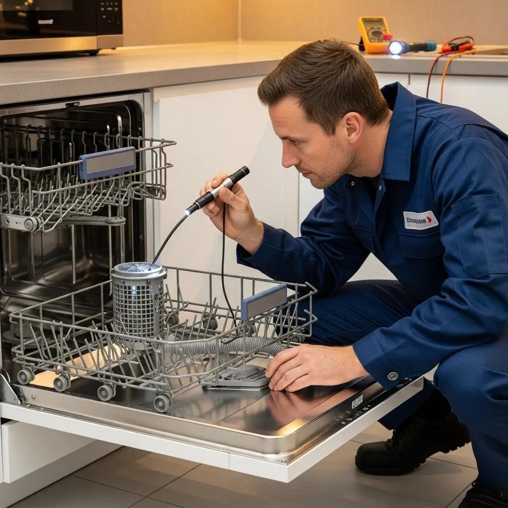 Technician inspecting a dishwasher filter and drain hose for diagnosis