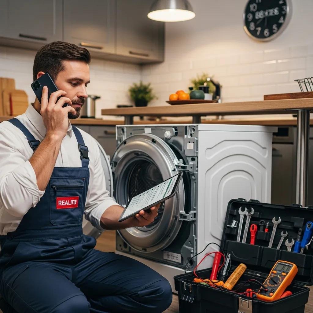 Technician on the phone for emergency appliance repair scheduling with tools ready