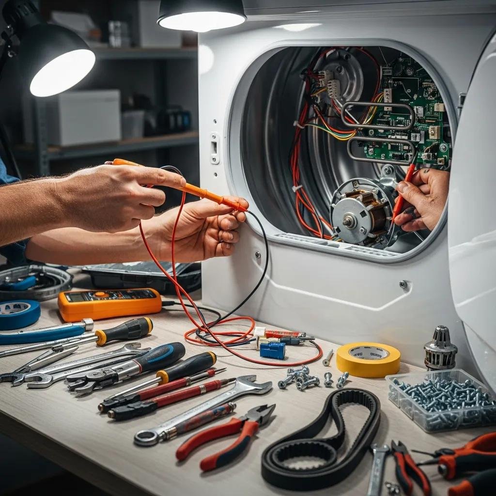 Technician repairing a dryer with tools and parts on a workbench