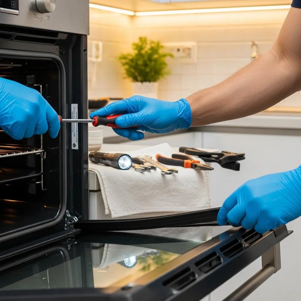 Technician repairing an oven door to enhance safety and efficiency