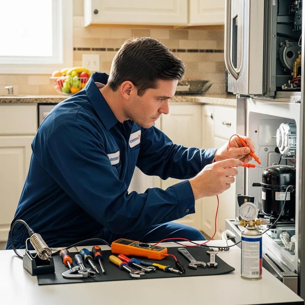 Technician repairing refrigerator compressor in a home kitchen
