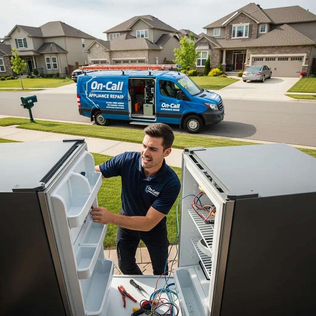 Technician responding to an emergency appliance repair call, inspecting a refrigerator in a suburban neighborhood