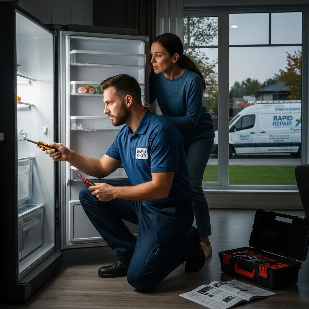Technician responding to an emergency refrigerator repair call, emphasizing urgent appliance repair services